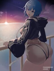  absurdres ahoge ass back black_jacket blue_eyes blue_hair breasts ciel_(tsukihime) cropped_jacket dress_swimsuit fate/grand_order fate_(series) female gradient_sky grey_one-piece_swimsuit highres jacket large_breasts long_sleeves looking_at_viewer looking_back ocean one-piece_swimsuit open_mouth purple_sky short_hair sky smile solo sunset swimsuit thick_thighs thighs tomorrowsjoker twilight 