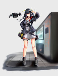  absurdres arknights arm_up belt black_belt black_choker black_footwear black_hair black_jacket boots choker closure_(arknights) commentary_request drone female full_body grey_background grey_shirt grin highres hood hood_down hooded_jacket id_card jacket lambda_(arknights) long_hair long_sleeves looking_at_viewer one_eye_closed open_clothes open_jacket pointy_ears poni_(poni_arknights) puffy_long_sleeves puffy_sleeves red_eyes shirt smile solo sparkle star_(symbol) t-shirt thigh_strap tile_floor tiles two-sided_fabric two-sided_jacket two_side_up v vending_machine 