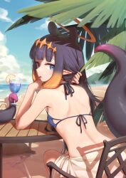  aeon_ion back beach bikini blue_bikini blue_eyes blue_sky blunt_bangs breasts cloud cup day diamond_hairband elbows_on_table female gradient_hair hair_tie_in_mouth halo halterneck highres holding holding_cup hololive hololive_english long_hair looking_at_viewer looking_back median_furrow mouth_hold multicolored_hair nail_polish ninomae_ina&#039;nis on_chair orange_hair outdoors palm_leaf pointy_ears purple_hair purple_nails sarong sitting sky small_breasts solo swimsuit tentacle tentacle_hair virtual_youtuber water white_sarong 