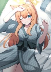  absurdres alternate_costume animal_ear_fluff animal_ears bath_yukata blue_archive blue_eyes female futon halo hand_on_own_head hand_up highres japanese_clothes kamesys kimono long_hair lying mari_(blue_archive) on_back one_eye_closed orange_hair pillow solo yellow_halo yukata 