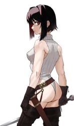  ass bare_shoulders belt black_footwear black_gloves black_hair boots breasts brown_belt closed_mouth cowboy_shot female from_side gloves hair_intakes highres holding holding_sword holding_weapon medium_breasts original red_eyes red_hair reze_(rewindze) short_hair simple_background solo sword thigh_boots weapon white_background 