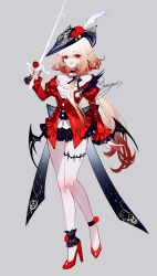  bare_legs bare_shoulders black_hat blonde_hair female full_body grey_background hat high_heels highres holding holding_sword holding_weapon jacket juliet_sleeves long_hair long_sleeves looking_at_viewer off_shoulder original pointy_ears puffy_sleeves red_eyes red_footwear red_jacket sheya simple_background smile solo standing sword tricorne very_long_hair weapon 