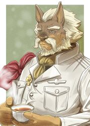  anthro ascot beard canid canine caninu canis clothing colonel_pretzel container cup cyberconnect2 domestic_dog eichi_doraking facial_hair fuga:_melodies_of_steel hair hi_res little_tail_bronx male mammal mature_male military_uniform moustache solo tea_cup uniform white_hair 