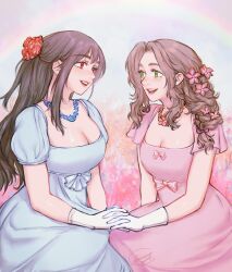  2girls aerith_gainsborough alternate_costume alternate_hairstyle black_hair blue_dress breasts brown_hair cleavage dress final_fantasy final_fantasy_vii final_fantasy_vii_remake flower frilled_sleeves frills gloves green_eyes hair_flower hair_ornament interlocked_fingers jewelry large_breasts linono long_hair looking_at_another medium_breasts multiple_girls necklace open_mouth parted_lips pink_dress puffy_short_sleeves puffy_sleeves rainbow red_eyes short_sleeves signature teeth tifa_lockhart upper_teeth_only white_gloves 