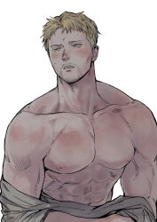  1boy abs bara blonde_hair brown_shirt clothes_pull facial_hair highres kuconoms large_pectorals male_focus muscular muscular_male navel nipples pectorals reiner_braun shingeki_no_kyojin shirt short_hair simple_background solo undressing white_background 