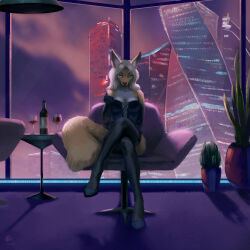  alcohol anthro beverage canid canine canis chair clothing container cup dress drinking_glass female flower furniture glass glass_container glass_cup gloves hair handwear hi_res jackal legwear mammal plant sky skyscape solo stockings table tail techiesxc vase window wine wine_bottle wine_glass 