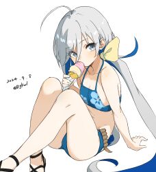  absurdres ahoge ammunition_belt belt bigkwl bikini blue_bikini brown_belt dated female food grey_eyes grey_hair hair_between_eyes hair_bun highres ice_cream ice_cream_cone kantai_collection kiyoshimo_(kancolle) kiyoshimo_kai_ni_(kancolle) kiyoshimo_kai_ni_(swimsuit_mode)_(kancolle) long_hair low_twintails simple_background swimsuit twintails twitter_username very_long_hair white_background 