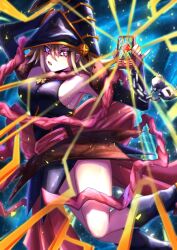  armpits bare_shoulders black_dress black_footwear black_hat blonde_hair blurry blurry_background boots breasts cellphone dress duel_monster female gagaga_girl hat highres holding holding_phone large_breasts long_hair phone purple_eyes shiina_aono smartphone solo yu-gi-oh! 