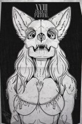  0l-fox-l0 2:3 absurd_res anthro big_eyes black_and_white bone breasts canid canine cover cult cultist digital_drawing_(artwork) digital_media_(artwork) female fluffy fox hair hi_res long_hair mammal mask medium_breasts monochrome nipples nipples_covered nude nude_anthro nude_female poster skull skull_mask solo text 