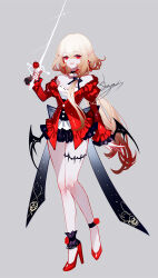  bare_legs bare_shoulders blonde_hair female full_body grey_background high_heels highres holding holding_sword holding_weapon jacket juliet_sleeves long_hair long_sleeves looking_at_viewer off_shoulder original pointy_ears puffy_sleeves red_eyes red_footwear red_jacket sheya simple_background smile solo standing sword very_long_hair weapon 