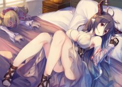  bandaged_arm bandages bare_shoulders black_hair breasts danua doll draph dress fal_maro female fingerless_gloves full_body gloves granblue_fantasy gretel_(granblue_fantasy) hair_between_eyes hansel_(granblue_fantasy) horn_ornament horns large_breasts long_dress long_hair lying on_bed parted_lips pointy_ears red_eyes sandals sleeveless sleeveless_dress toeless_footwear white_dress 