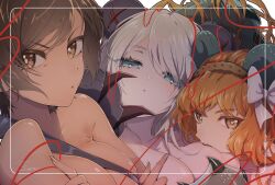  3girls blue_eyes bow bowtie breasts brown_eyes brown_hair collarbone dark_skin faust_(project_moon) hairband highres ishmael_(project_moon) limbus_company multiple_girls orange_eyes orange_hair outis_(project_moon) pm_suguri project_moon signature white_bow white_bowtie white_hair 