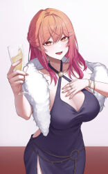  absurdres ahoge alternate_costume bare_shoulders black_dress bracelet breasts champagne_flute cleavage criss-cross_halter crossed_bangs cup dress drinking_glass feather_boa female hair_between_eyes hair_ornament hairclip halterneck hand_on_own_chest hand_up highres holding holding_cup hololive hololive_dev_is ichijou_ririka jewelry large_breasts long_hair looking_at_viewer open_mouth orange_eyes orange_hair orange_nails ring smile solo steelball_(jwk76806995) virtual_youtuber 