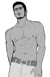  1boy abs akalari bara cowboy_shot facial_hair goatee greyscale judge_eyes kaito_masaharu looking_at_viewer male_focus mature_male monochrome muscular muscular_male navel nipples pectorals ryuu_ga_gotoku_(series) seductive_smile short_hair smile solo standing topless_male unfinished 