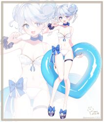  :d absurdres alternate_costume bare_shoulders bikini blue_bow blue_eyes blue_footwear blue_hair blue_innertube blue_nails blue_pupils bow breasts cleavage commentary_request double_bun drop-shaped_pupils female fingernails full_body furina_(genshin_impact) genshin_impact hair_between_eyes hair_bun hand_up heart-shaped_innertube heterochromia highres holding holding_swim_ring light_blue_hair light_blush looking_at_viewer medium_breasts multicolored_hair nail_polish navel panties pointing pointing_at_self pomepome1207 short_hair signature smile stomach streaked_hair swim_ring swimsuit symbol-shaped_pupils thigh_strap toenail_polish toenails twitter_username underwear white_bikini white_hair white_panties zoom_layer 