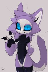  2024 2:3 4_fingers anthro black_pawpads black_sclera blue_eyes claws clothing digital_media_(artwork) domestic_cat featureless_crotch felid feline felis fingers fur hair hi_res latex latex_clothing legwear leotard looking_at_viewer male mammal multicolored_body multicolored_fur pawpads presto_(artist) presto_(character) purple_body purple_fur simple_background smile solo standing tail thigh_highs two_tone_body two_tone_fur whiskers white_body white_fur 