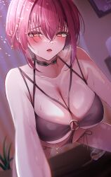  absurdres alternate_costume bare_shoulders blurry blurry_background breasts female heart heart-shaped_pupils heterochromia highres hinoki_kahun0 hololive houshou_marine indoors large_breasts red_eyes red_hair solo symbol-shaped_pupils virtual_youtuber yellow_eyes 