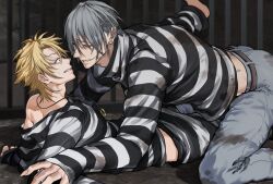  2boys barefoot bars belt blonde_hair blue_pants brown_belt character_request clenched_teeth copyright_request evil_smile eye_contact feet_out_of_frame grey_hair grin hair_between_eyes highres indoors jewelry long_sleeves looking_at_another lying male_focus miyamoyan multiple_boys navel necklace on_back on_floor pants parted_lips prison shirt smile striped_clothes striped_pants striped_shirt teeth yaoi 