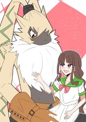  anthro bandai_namco brown_hair digimon digimon_(species) digimon_ghost_game duo female fluffy_chest fur hair hi_res human lagomorph leporid long_ears long_hair male mammal petting ponytail_ears rabbit ruri_tsukiyono symbareangoramon yellow_body yellow_fur zunaha 