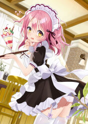  apron back_bow black_dress blush bow breasts brown_ribbon cowboy_shot day dress female food frilled_dress frills from_behind garter_belt hair_ribbon hand_on_own_chin hands_up highres holding holding_tray indoors large_breasts leaning_forward looking_at_viewer looking_back maid maid_apron maid_headdress maronie. medium_hair open_mouth original panties pantyshot pink_hair ribbon short_sleeves solo standing thighhighs tray underwear upskirt waist_apron wavy_mouth white_bow white_panties white_thighhighs yellow_eyes 