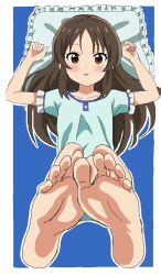  barefoot blush bow brown_eyes brown_hair feet female foot_focus hairbow highres idolmaster idolmaster_cinderella_girls idolmaster_cinderella_girls_starlight_stage idolmaster_cinderella_girls_u149 long_hair looking_at_viewer lying on_back open_mouth pillow riokasen shirt soles solo tachibana_arisu toes 