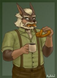  angelthevixen anthro beards beverage brown_body brown_fur canid canine caninu canis clothing coffee colonel_pretzel cyberconnect2 domestic_dog dress_shirt eating facial_hair fuga:_melodies_of_steel fur hair hi_res little_tail_bronx male mammal mature_male moustache pretzel_(disambiguation) shirt solo suspenders topwear white_hair 