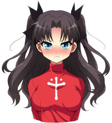 black_hair blue_eyes blush breasts commentary_request cropped_torso fate/stay_night fate_(series) female hair_ribbon highres long_hair long_sleeves looking_at_viewer medium_breasts nel-c red_sweater ribbon simple_background solo sweater tohsaka_rin two_side_up upper_body wavy_mouth white_background 