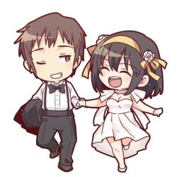  1boy black_bow black_bowtie black_pants black_shoes bow bowtie breasts brown_eyes brown_hair chibi cleavage collared_shirt commentary_request dress facing_another female flower gloves grin hair_flower hair_ornament hair_ribbon hairband happy highres kyon looking_at_another medium_hair open_mouth pants ribbon shirt shoes short_hair simple_background smile suspender_pants suzumiya_haruhi suzumiya_haruhi_no_yuuutsu taiki_(6240taiki) teeth white_background white_dress white_gloves white_shirt white_shoes yellow_hairband yellow_ribbon 