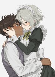  2boys black_eyes black_hair blue_eyes blush crossdressing dark-skinned_male dark_skin dungeon_meshi grey_hair hand_on_another&#039;s_head hand_on_another&#039;s_hip highres kabru maid male_focus male_maid mayomayoland mithrun multiple_boys otoko_no_ko sitting sitting_on_lap sitting_on_person yaoi 