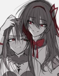  2girls akemi_homura akemi_homura_(magical_girl) akuma_homura black_hair bow clone grabbing_another&#039;s_hair gradient_background grey_background grey_theme highres limited_palette long_hair looking_at_another looking_down looking_to_the_side looking_up mahou_shoujo_madoka_magica misteor multiple_girls red_bow red_eyes red_ribbon ribbon sadism smile teeth upper_body 