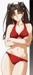  absurdres bare_shoulders bikini breasts brown_hair cleavage closed_eyes collarbone fate/stay_night fate_(series) female hair_ribbon highres kamisato_sora long_hair looking_at_viewer medium_breasts navel parted_bangs red_bikini ribbon smile solo swimsuit thighs tohsaka_rin two_side_up 