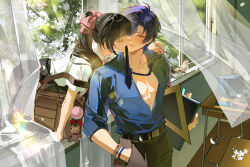  1boy abs absurdres arm_support bag bag_charm bead_bracelet beads belt bird black_belt black_hair black_necktie black_pants black_skirt blue_eyes blue_hair blue_shirt blunt_bangs blush book bow bracelet carrying carrying_under_arm charm_(object) chinese_commentary clarence_clayden classroom closed_eyes closed_mouth collarbone collared_shirt couple cowboy_shot curtained_hair curtains day desk falling_petals female flower glasses guaisanmu hair_between_eyes hairbow hand_in_pocket heroine_(lovebrush_chronicles) highres holding holding_book holding_removed_eyewear indoors jewelry leaning_forward long_hair looking_at_another looking_to_the_side loose_necktie lovebrush_chronicles mole mole_under_eye mouth_hold necktie necktie_in_mouth pants parted_lips partially_unbuttoned pectoral_cleavage pectorals petals pink_bow pleated_skirt ponytail profile ruler school_bag school_desk school_uniform see-through_curtains set_square shirt short_hair short_sleeves skirt sleeves_rolled_up smile standing straight sweat through_window toned toned_male tree unworn_eyewear white_flower white_shirt 