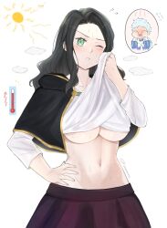  1boy artist_name black_clover black_hair blush breasts charmy_pappitson chibi chibi_inset cleavage closed_eyes closed_mouth clothes_lift collarbone cowboy_shot crop_top female green_eyes hand_on_own_hip hands_on_own_hips highres holding jacket jewelry large_breasts lifting_own_clothes long_hair long_sleeves looking_at_viewer medium_breasts midriff miniskirt multiple_girls navel no_bra non-web_source one_eye_closed open_clothes open_mouth parted_bangs plaid_clothes plaid_skirt pleated_skirt rizaavana school_uniform shirt shirt_lift short_hair short_sleeves sidelocks simple_background skirt skirt_lift solo standing stomach sweat sweatdrop twitter_username underboob underwear undressing upper_body white_background white_shirt 