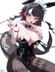  absurdres animal_ears arm_strap black_hair black_leotard black_pantyhose bow bowtie breasts bunny_day candy colored_inner_hair cowboy_shot crotch_zipper detached_collar ellen_joe fake_animal_ears female fins fish_tail food food_in_mouth hands_up highres kkato large_breasts leotard lollipop maid_headdress metal_hairband mole mole_on_breast multicolored_hair nail_polish pantyhose rabbit_ears red_bow red_bowtie red_eyes red_hair red_nails shark_girl shark_tail short_hair solo strapless strapless_leotard tail wrist_cuffs zenless_zone_zero zipper 