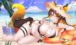  absurdres animal_ear_fluff animal_ears beach bikini black_bikini black_choker blonde_hair blue_sky breasts brown_hair choker cleavage cloud food fruit highres holding holding_food holding_popsicle indie_virtual_youtuber large_breasts looking_at_viewer multicolored_hair navel necrotenshi popsicle second-party_source sinder_(vtuber) sky streaked_hair swimsuit tail thigh_strap virtual_youtuber water watermelon wolf_ears wolf_girl wolf_tail yellow_eyes 