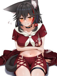  absurdres animal_ear_fluff animal_ears arm_support arm_under_breasts averting_eyes black_choker black_hair blush breasts choker closed_mouth collarbone commentary_request cropped_shirt embarrassed female flower flying hair_flower hair_ornament highres hololive jacket large_breasts long_hair micon midriff multicolored_hair navel official_alternate_costume ookami_mio ookami_mio_(another_ookami_mio) orange_eyes red_hair red_jacket red_shirt red_shorts sailor_collar shirt short_sleeves shorts simple_background sitting skindentation solo streaked_hair sweatdrop tail thigh_strap unworn_jacket virtual_youtuber white_background white_sailor_collar wolf_ears wolf_girl wolf_tail 