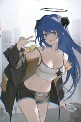  2naom8q6gt87292 absurdres arknights bare_shoulders black_halo black_horns black_jacket black_shorts blue_eyes blue_hair bottle breasts camisole chromatic_aberration cleavage collarbone dolphin_shorts female halo highres holding holding_bottle horns jacket large_breasts long_hair looking_at_viewer mostima_(arknights) navel official_alternate_costume open_mouth outdoors revision short_shorts shorts smile solo star_(symbol) star_print stomach thighs w white_camisole 