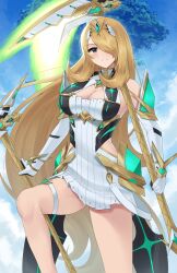  alternate_breast_size blonde_hair breasts cleavage cloud commentary cosplay cynthia_(pokemon) day doiparuni dress female gloves grey_eyes hair_ornament hair_over_one_eye highres hip_vent holding holding_weapon large_breasts leg_up long_hair looking_at_viewer mythra_(xenoblade) mythra_(xenoblade)_(cosplay) outdoors pokemon pokemon_dppt scythe sky smile solo teeth thigh_strap weapon white_dress white_gloves xenoblade_chronicles_(series) 