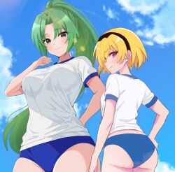  &gt;:) 2girls :3 ass black_hairband blonde_hair blue_buruma blue_sky blush breasts buruma clenched_hand closed_mouth commentary cowboy_shot day eyelashes eyes_visible_through_hair from_below green_eyes green_hair gym_uniform hairband hand_on_own_hip hand_up happy highres higurashi_no_naku_koro_ni houjou_satoko large_breasts lens_flare long_hair looking_at_viewer looking_down multiple_girls oerba_yun_fang outdoors parted_bangs pink_eyes ponytail shirt short_hair short_sleeves skin_fang sky smile sonozaki_mion sunlight tsurime v-shaped_eyebrows very_long_hair white_shirt yuno_ff 