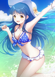  :d absurdres animal_print arm_up armpits bare_arms bare_legs bikini blue_bikini blue_hair blue_sky bracelet breasts butterfly_print cleavage cloud day female floating_hair flower frilled_bikini frills front-tie_bikini_top front-tie_top hat hat_flower highres idolmaster idolmaster_million_live! jewelry kitakami_reika long_hair looking_at_viewer medium_breasts mikapoe ocean open_mouth outdoors pendant print_bikini shiny_skin sky smile solo straight_hair summer sun_hat swimsuit very_long_hair white_hat yellow_eyes yellow_flower 