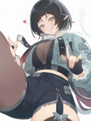  :q absurdres animal_ears black_hair black_shorts commentary female green_eyes grey_jacket grey_pantyhose grey_thighhighs highres jacket jane_doe_(zenless_zone_zero) long_sleeves midriff nail_polish pantyhose short_hair short_shorts shorts simple_background single_leg_pantyhose single_thighhigh solo thighhighs thighs tongue tongue_out white_background zenless_zone_zero zinkaa 