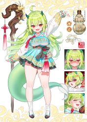  :d ^_^ absurdres arm_up blue_footwear blue_skirt breasts closed_eyes commentary_request crying crying_with_eyes_open dragon_girl dragon_horns dragon_tail female full_body garam_(ryeoubi) gourd green_hair hair_between_eyes high_heels highres horns long_hair long_sleeves looking_at_viewer medium_breasts multiple_views oerba_yun_fang oohhya original pleated_skirt pointy_ears puffy_long_sleeves puffy_sleeves pumps red_eyes shoes short_eyebrows skirt sleeves_past_wrists smile socks staff standing tail tears thick_eyebrows very_long_hair white_background white_socks 