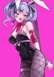  :d animal_ears arm_ribbon arms_behind_back bare_shoulders black_leotard black_pantyhose blue_eyes blue_hair bound bound_wrists bow bowtie breasts cowboy_shot cuffs fake_animal_ears female fishnet_pantyhose fishnets hair_ornament handcuffs hatsune_miku heart heart-shaped_pupils highres leotard looking_at_viewer medium_breasts medium_hair nats_(d0ughnats) oerba_yun_fang open_mouth pantyhose pink_background pink_bow pink_bowtie pink_ribbon playboy_bunny pole rabbit_ears rabbit_hole_(vocaloid) ribbon skin_fang smile solo spaghetti_strap stripper_pole symbol-shaped_pupils teardrop_facial_mark twintails vocaloid x_hair_ornament 