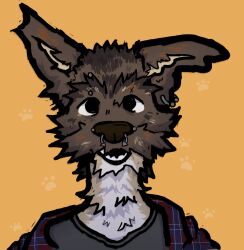  2022 anthro bill_(flockdog) black_eyes blue_clothing blue_shirt blue_topwear brown_body brown_eyebrows brown_fur brown_nose bust_portrait canid canine canis cheek_tuft clothed clothed_anthro clothed_male clothing colored digital_drawing_(artwork) digital_media_(artwork) domestic_dog eyebrow_piercing eyebrows facial_piercing facial_tuft fangs flockdog footprint fox_terrier front_view fur grey_clothing grey_shirt grey_topwear hunting_dog icon looking_at_viewer male mammal multicolored_body multicolored_fur nose_piercing nose_ring open_clothing open_mouth open_shirt open_smile open_topwear orange_background pattern_background pattern_clothing pattern_shirt pattern_topwear pawprint pawprint_background piercing plaid plaid_clothing plaid_shirt plaid_topwear portrait ring_piercing shirt simple_background smile smiling_at_viewer solo tan_inner_ear teeth terrier topwear trans_(lore) trans_man_(lore) tuft white_body white_fur 