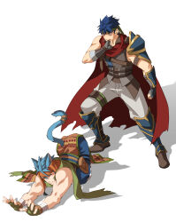  2boys absurdres animal_ears armor blue_hair blue_pants blush boots brown_footwear cape cat_boy cat_ears cat_stretch closed_eyes fingerless_gloves fire_emblem fire_emblem:_radiant_dawn gloves green_headband green_scarf headband highres ike_(fire_emblem) koon laguz_(fire_emblem) looking_at_ass male_focus multiple_boys pants pauldrons ranulf_(fire_emblem) red_cape scarf shoulder_armor single_pauldron sleeveless stretching tail tail_ornament tail_ring white_background white_pants yaoi 