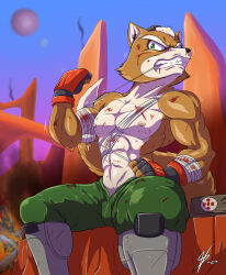  2024 5_fingers abs absurd_res anthro athletic athletic_anthro athletic_male bandage bandaged_arm bandaged_chest black_nose blood bodily_fluids canid canine clenched_teeth clothed clothed_anthro clothed_male clothing fingerless_gloves fingers fox fox_mccloud fur gloves hair handwear hi_res humanoid_hands male mammal multicolored_body multicolored_fur navel nintendo nipples orange_body orange_fur outside signature sitting solo souleatersaku90 star_fox tail teeth topless topless_anthro topless_male two_tone_body two_tone_fur white_body white_fur white_hair wounded 