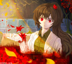  absurdres bear_hair_ornament blood blood_on_clothes bloodbath_(project_moon) brown_hair carmen_(project_moon) closed_mouth collared_shirt debbie_kimm female flower green_shirt hair_ornament high_ponytail highres lobotomy_corporation long_hair looking_at_viewer petals pool_of_blood project_moon red_eyes red_flower shirt solo tile_wall tiles wide-eyed wing_collar 