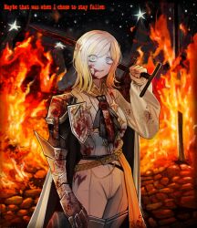  armored_boots ascot black_ascot blonde_hair blood blood_in_hair blood_on_clothes blood_on_face boots cowboy_shot debbie_kimm faust_(project_moon) female fire gauntlets highres holding holding_nail limbus_company long_sleeves looking_at_viewer multicolored_hair n_corp._(identity)_(project_moon) nail pants project_moon puffy_long_sleeves puffy_sleeves short_hair solo streaked_hair thigh_boots white_hair white_pants 