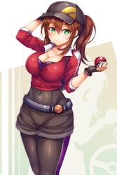  1girls backpack bag baseball_cap belt big_breasts black_gloves black_legwear blush breasts brown_hair choker cleavage closed_mouth clothed collarbone covered_navel female female_only female_protagonist_(pokemon_go) fingerless_gloves gloves green_eyes hat horny human jacket large_breasts long_hair looking_at_viewer navel nintendo poke_ball pokemon pokemon_go ponytail see-through shorts smile snowcanvas solo standing tied_hair tights track_jacket 