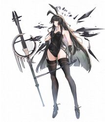  alternate_costume animal_ear_hairband animal_ears arknights arm_at_side bare_shoulders black_eyes black_footwear black_gloves black_hair black_halo black_leotard black_thighhighs blunt_ends bow_(music) breasts bunny_day cleavage closed_mouth commentary detached_wings elbow_gloves fake_animal_ears female from_below full_body gloves hairband halo hand_on_own_hip highleg highleg_leotard highres holding holding_bow_(music) instrument leotard long_hair looking_at_viewer medium_breasts mole mole_under_eye playboy_bunny rabbit_ear_hairband rabbit_ears shoes sidelocks simple_background smile solo standing strapless strapless_leotard tadanoyumedesu thighhighs very_long_hair virtuosa_(arknights) white_background wings 